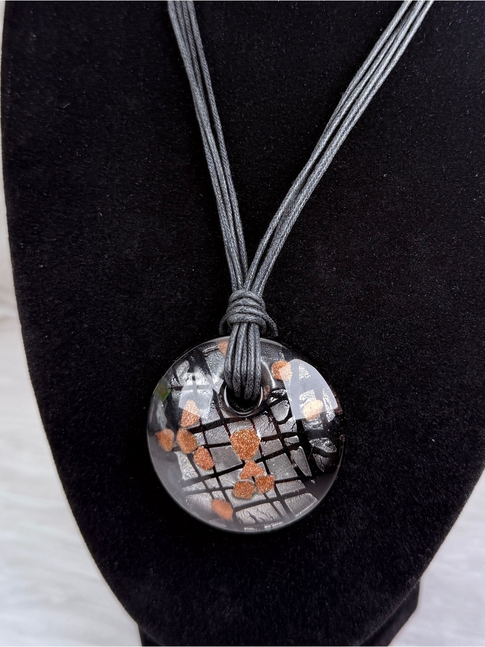 Vintage Blown Art Glass Pendant Black Multi Cord Statement Necklace